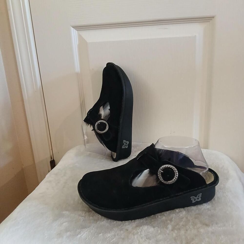 Alegria Brigid Black Suede Sherpa Lined Mary Jane Clogs 37 Comfort Nurse Classic